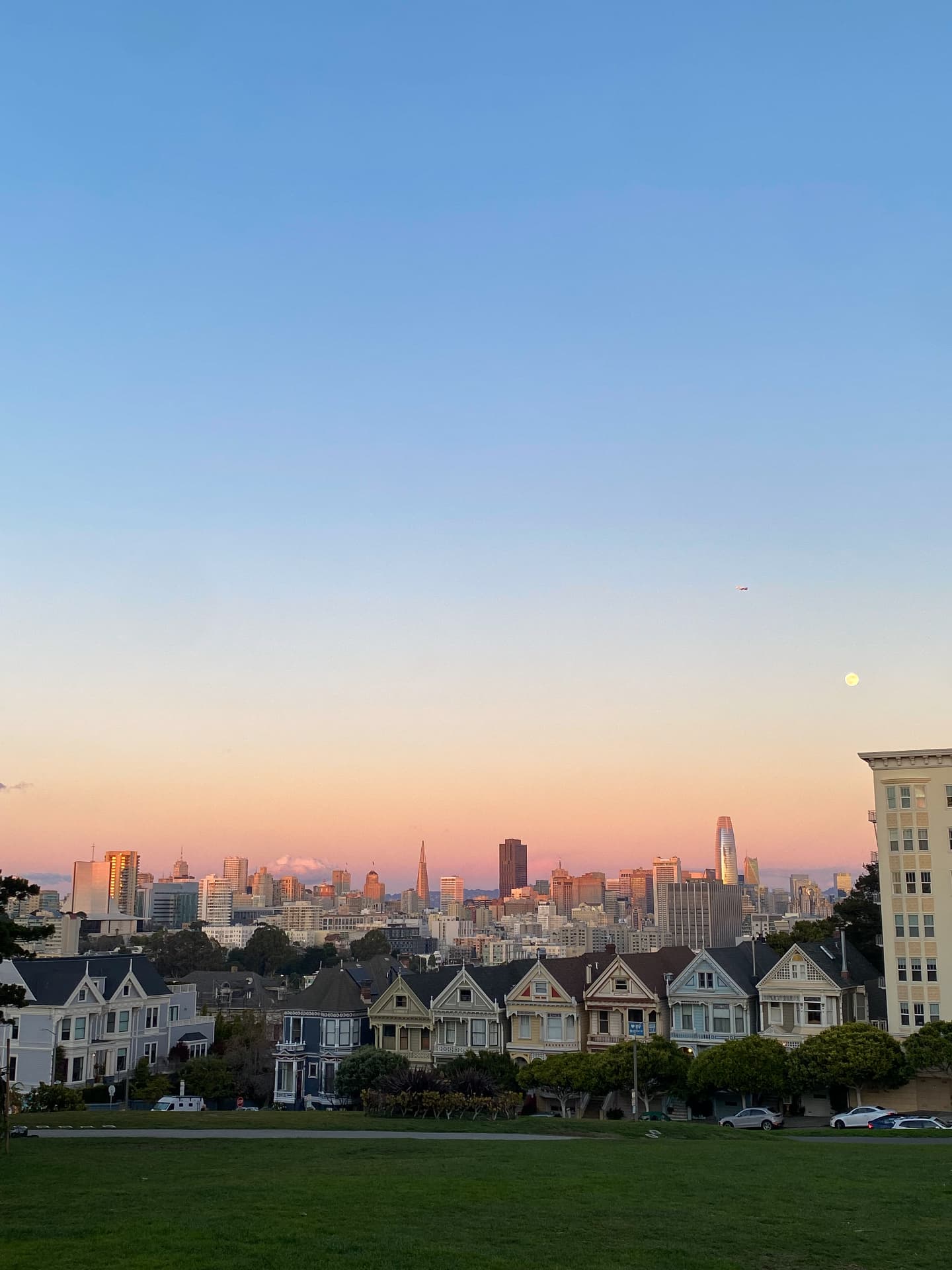 San Francisco's Painted Ladies houses beneath a pastel sunset and city skyline
