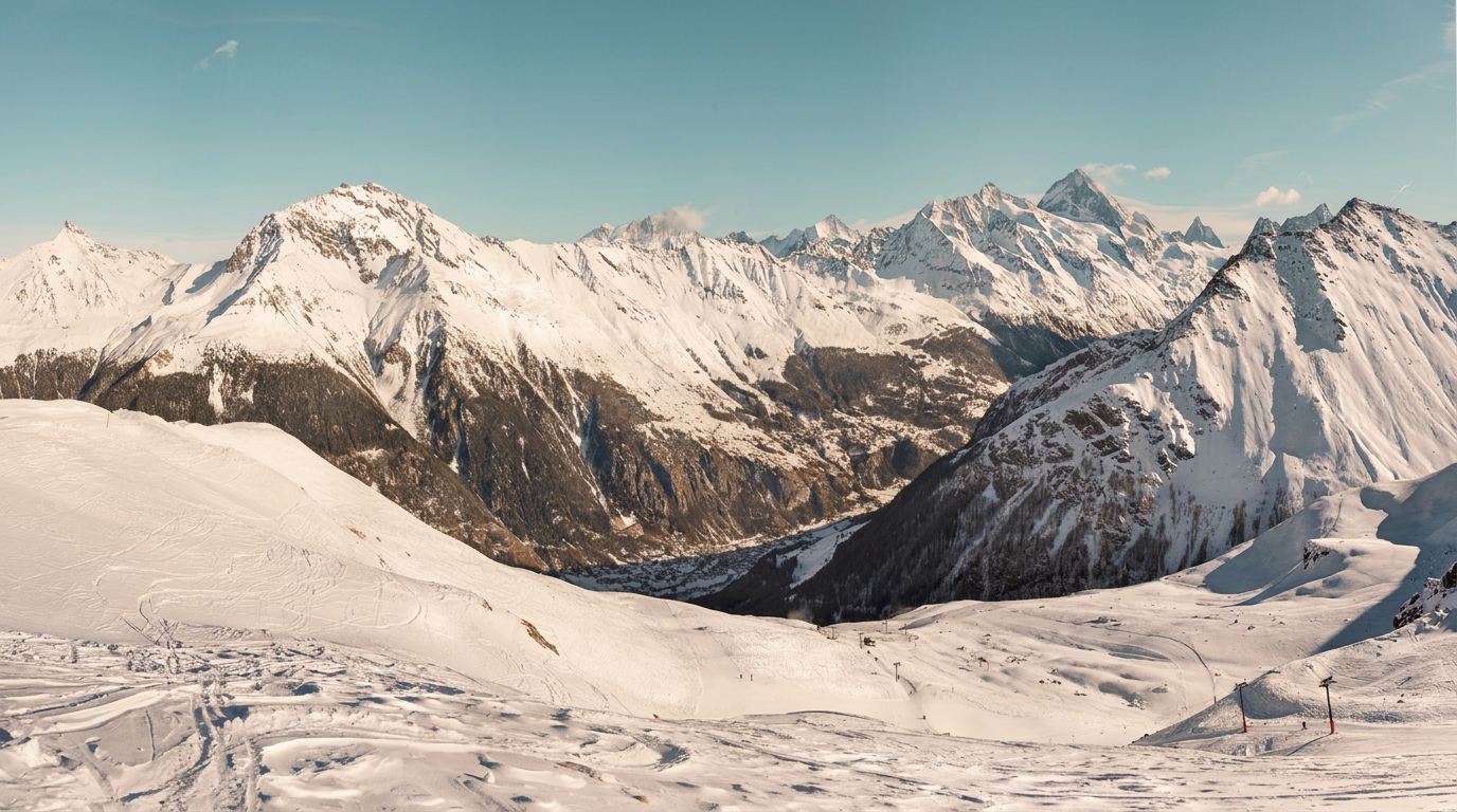 Snow-covered Swiss Alps with winter slopes and a clear mountain sky